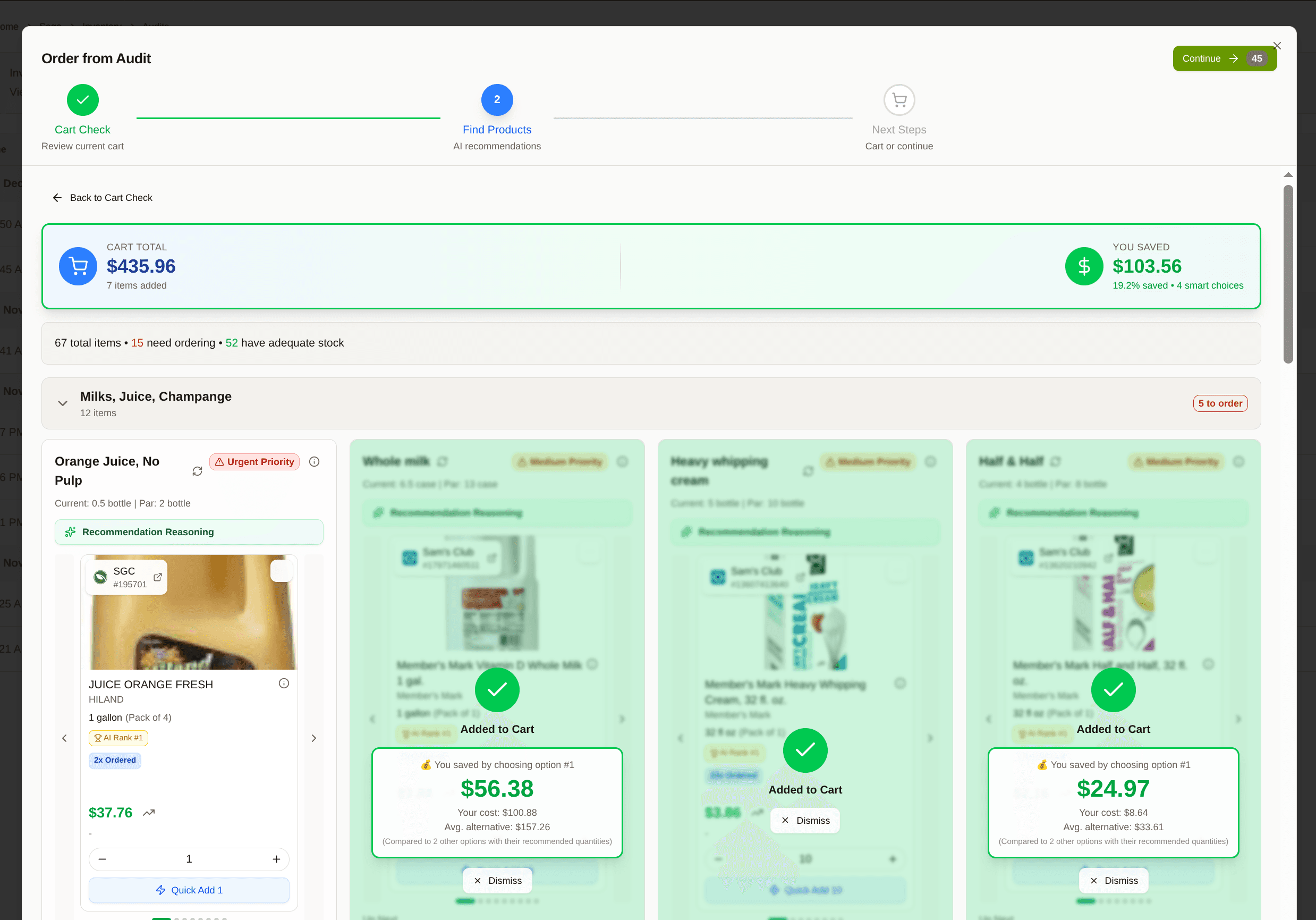 Order screen showing $103.56 saved with AI recommendations